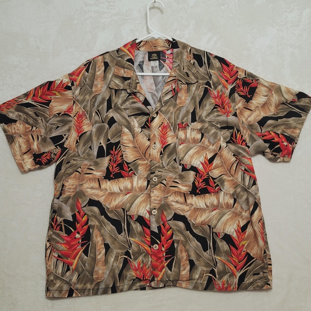 Toucan Dance Shirt Mens XL Hawaiian Floral Black Brown Red Made in USA Casual